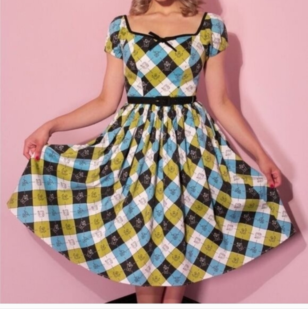 Vintage-Inspired Blue, Green & Black Check Fit-and-Flare Dress